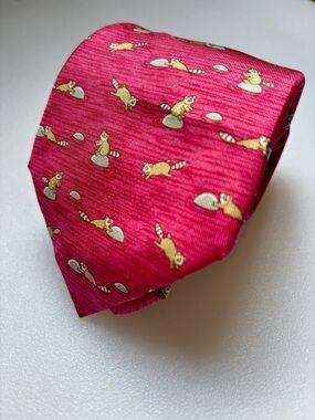 Hermes Pink Silk Tie with Racoon pattern